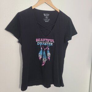 Beautiful Disaster Women's T-shirt Size XL Crisscross Dream Catcher Stars